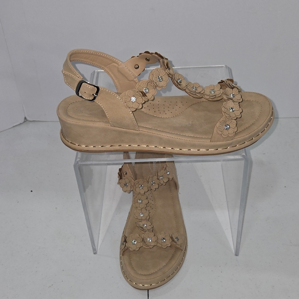 Atalina Tan Floral Rhinestone Wedge Sandals Women Size 41 Comfort T-Strap AC651